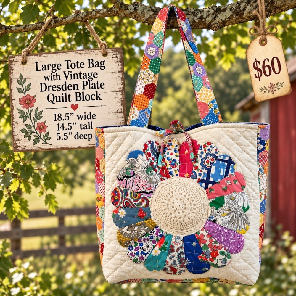 Vintage DRESDEN PLATE Quilt Upcycled Tote Bag Purse - Gorgeous! (#2034)